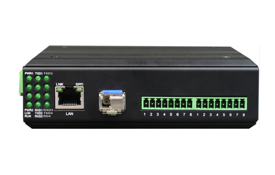 飛暢科技-工業軌式1-8路DI/DO/AI/AO開關量模擬量服務器(帶1光1電交換口